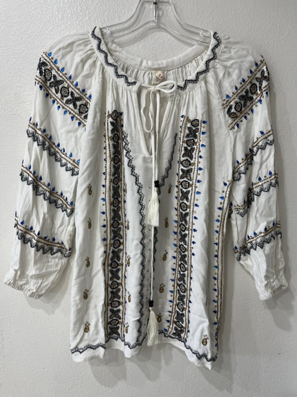 Anthro Raga Embroidered Beaded Peasant Top XS Oversized Boho Festival 38" Chest
